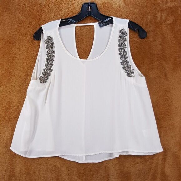 ASTR Womens Top Medium White Pullover Tank Sheer Rhinestone Beaded Sleeveless - Picture 1 of 8